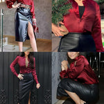 Nadorine Women's Satin Blouse V-Neck Causal Satin Blouses (DE Only)