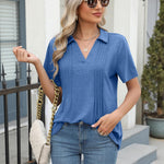 Nadorine Short Sleeve Polo T Shirts Pleated V Neck Tee