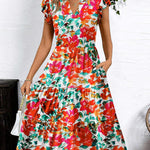 Nadorine Casual Ruffle Sleeve V Neck Midi Dress
