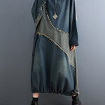 Original Loose Denim Contrast Color Round-Neck Long Sleeves Midi Dress