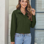 Nadorine Cropped Button Down Shirts Long Sleeve V Neck Solid Tops