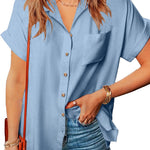 Nadorine Linen Shirts Cotton Short Sleeve V Neck Collared Blouses