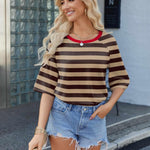 Nadorine Oversized Loose Fit Short Sleeve Striped Tops
