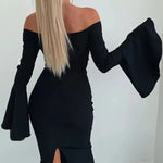 Solid Color Sexy Off-shoulder Trumpet Sleeve Slim Midi Dress