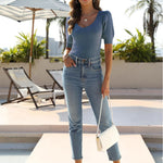 Nadorine Puff Sleeve Tops Sweater V Neck Short Sleeve Shirts