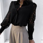 Nadorine Elegant Lace V-NeckShirt Solid Color Hollow Out Long Sleeve Patchwork Blouse