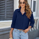 Nadorine Cropped Button Down Shirts Long Sleeve V Neck Solid Tops