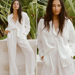Women 2 Piece Outfits Sets Linen Button Down Long Sleeve Shirts and Wide Leg Pants Sets - Nadorine (Us Only)