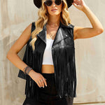 Women Faux Leather Vest Lapel Sleeveless Drape Tassel Open Front PU Fringe Jacket S-XXL - Nadorine (Us Only)