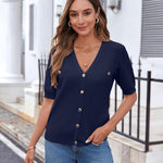 Nadorine Short Sleeve Cardigan Button Down Ribbed Knit Sweater Tops