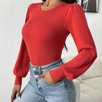 Nadorine Women Long Puff Sleeve Sweater Slim Fit Ribbed Knit Bodysuit