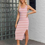 Nadorine Striped Knit Dress Casual Bodycon Side Slit Sundress