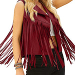 Women Faux Leather Vest Lapel Sleeveless Drape Tassel Open Front PU Fringe Jacket S-XXL - Nadorine (Us Only)