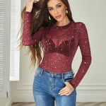 Nadorine Mesh Top Women Long Sleeve See Through Shirt