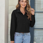 Nadorine Cropped Button Down Shirts Long Sleeve V Neck Solid Tops