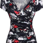 Nadorine Cross-Front V Neck Ruched Short Sleeve Blouses