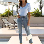 Nadorine Puff Sleeve Tops Sweater V Neck Short Sleeve Shirts