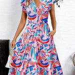 Nadorine Casual Ruffle Sleeve V Neck Midi Dress