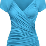 Nadorine Cross-Front V Neck Ruched Short Sleeve Blouses