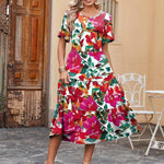 Nadorine Midi Floral Flutter Short Sleeve Casual Dresses with Pockets