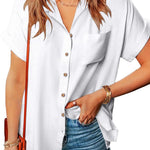 Nadorine Linen Shirts Cotton Short Sleeve V Neck Collared Blouses