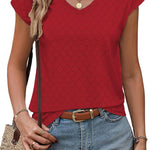 Nadorine V Neck Eyelet T Shirts Cap Sleeve Tops