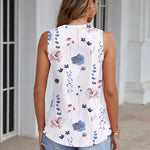 Nadorine Tank Tops Pleated V Neck Floral Solid Loose Fit Tops