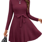 Nadorine Women's Casual Dress Tie Waist Fall Ribbed Dress