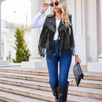 Women Faux Leather Vest Lapel Sleeveless Drape Tassel Open Front PU Fringe Jacket S-XXL - Nadorine (Us Only)