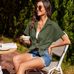 Nadorine Linen Shirts Cotton Short Sleeve V Neck Button Down Blouses