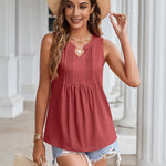 Nadorine Tank Tops Pleated V Neck Floral Solid Loose Fit Tops