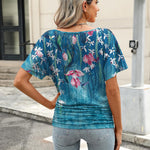 Nadorine Women's Short Sleeve V Neck Blouse Ruched Casual Tunic Tops