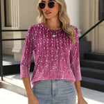 Nadorine 3/4 Length Sleeve Tops Loose Fit Shirts Pleated Tunics