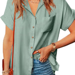 Nadorine Linen Shirts Cotton Short Sleeve V Neck Collared Blouses