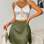 Nadorine Satin Silk High Waisted Split Slit Hem Aline Zipper Party Short Skirt