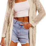 Nadorine Women 2024 Lightweight Crochet Cardigan Long Sleeve Open Front Knit Sweater Summer Kimono Cover Up with Pockets