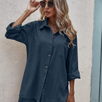 Women Two Piece Outfits Lounge Sets Cotton Long Sleeve Shirts and High Waisted Mini Shorts With Pockets - Nadorine (Us Only)