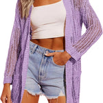 Nadorine Women 2024 Lightweight Crochet Cardigan Long Sleeve Open Front Knit Sweater Summer Kimono Cover Up with Pockets
