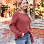 Nadorine Crewneck Pullover Long Sleeve Knit Side Slit Sweater