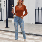 Nadorine Long Sleeve T Shirts Casual V Neck Ribbed Tunic Tops