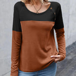 Nadorine Women Waffle Knit Shirts Long Sleeve Colorblock Tee