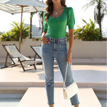 Nadorine Puff Sleeve Tops Sweater V Neck Short Sleeve Shirts