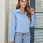 Nadorine Cropped Button Down Shirts Long Sleeve V Neck Solid Tops