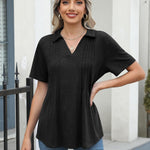 Nadorine Short Sleeve Polo T Shirts Pleated V Neck Tee