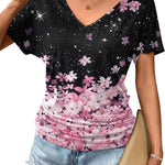 Nadorine Women's Short Sleeve V Neck Blouse Ruched Casual Tunic Tops