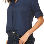 Women's Business Casual V Neck Cuffed Sleeves Work Blouse Top - Nadorine (Us Only)
