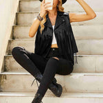 Women Faux Leather Vest Lapel Sleeveless Drape Tassel Open Front PU Fringe Jacket S-XXL - Nadorine (Us Only)