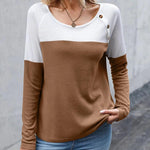 Nadorine Women Waffle Knit Shirts Long Sleeve Colorblock Tee