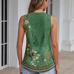 Nadorine Tank Tops Pleated V Neck Floral Solid Loose Fit Tops
