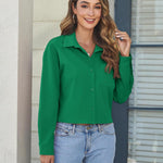 Nadorine Cropped Button Down Shirts Long Sleeve V Neck Solid Tops
